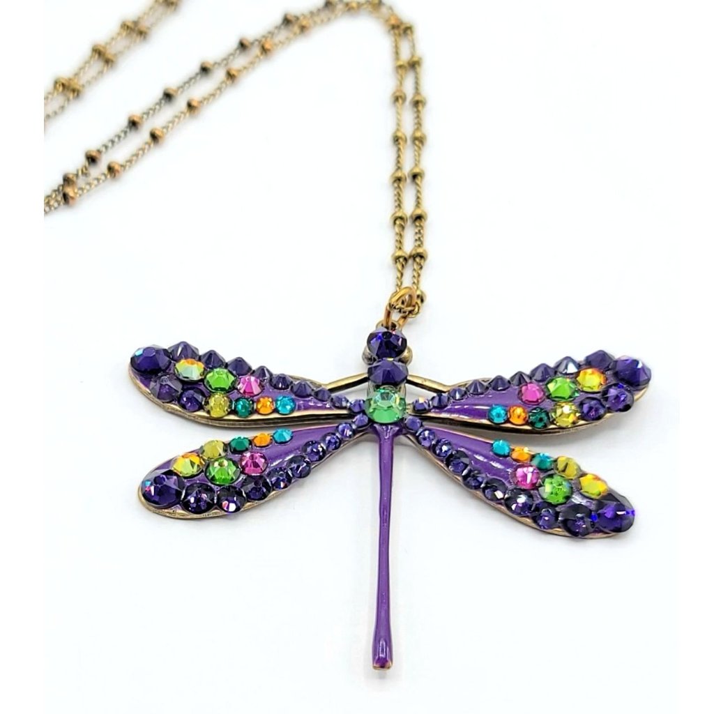 Anne Koplic Goldtone Crystal Dragonfly Pendant Necklace Bead Chain Signed